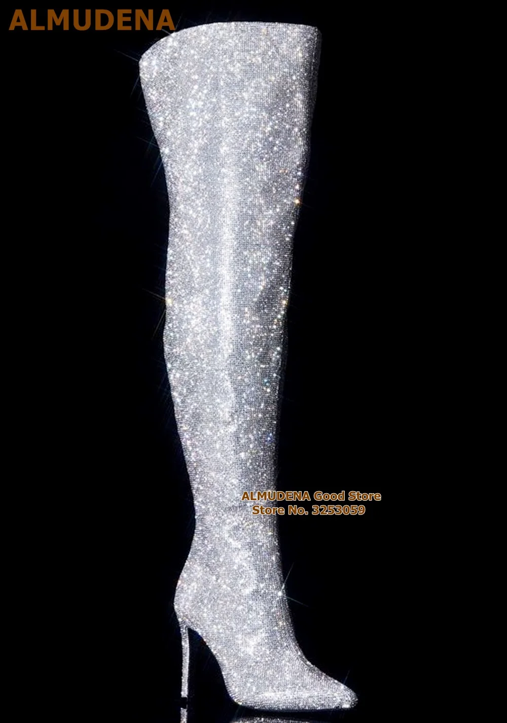 ALMUDENA Gümüş Siyah Çok renkli Kristal Diz Çizmeler Üzerinde Bling Bling İnce Topuk Sivri Burun Taklidi Glitter Uyluk Çizmeler Görüntü 1