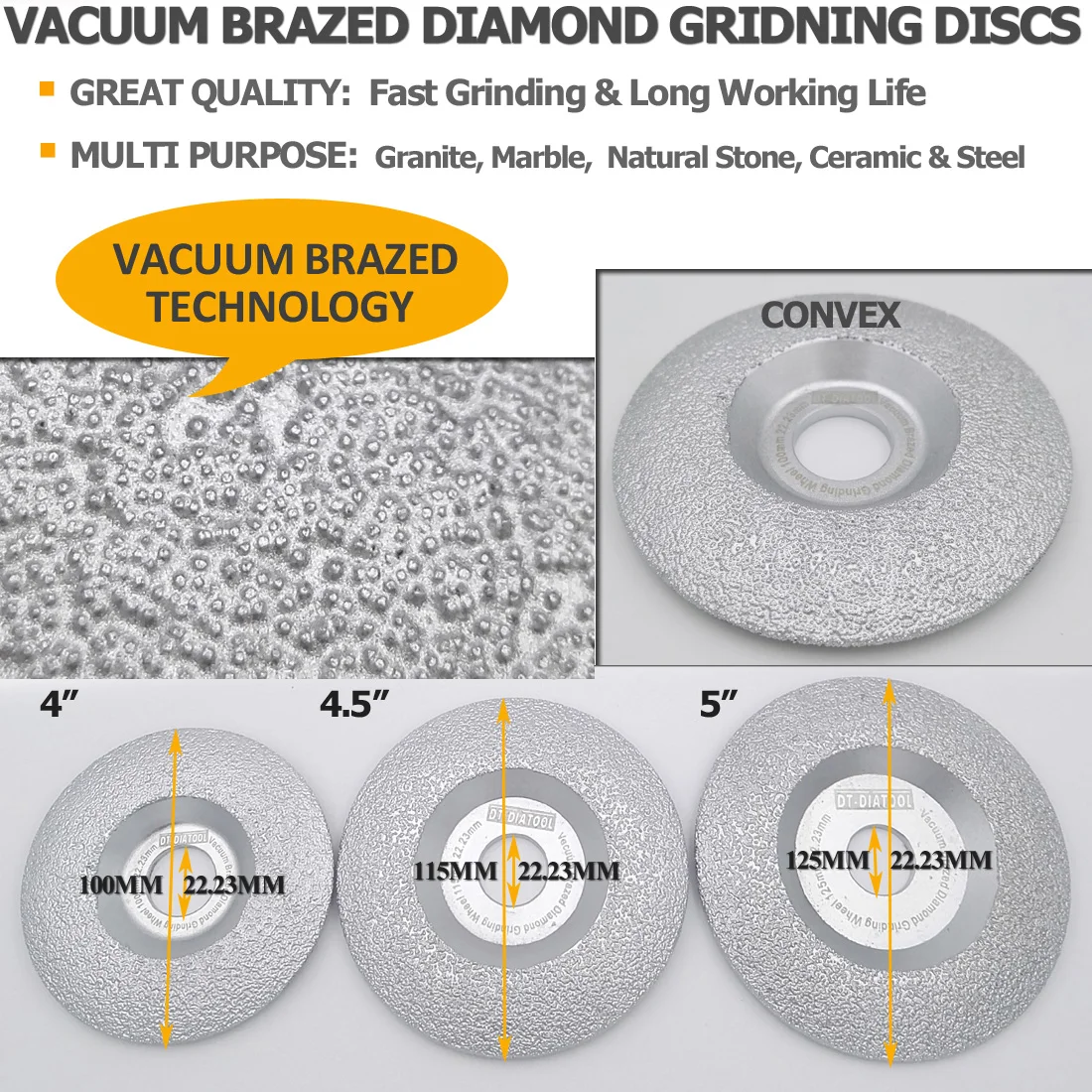 DT-DIATOOL Vakum Kaynaklı elmas taşlama diski Kuru veya ıslak Tüm taş ve inşaat malzemeleri için daha hızlı ve daha uzun ömür Görüntü 1