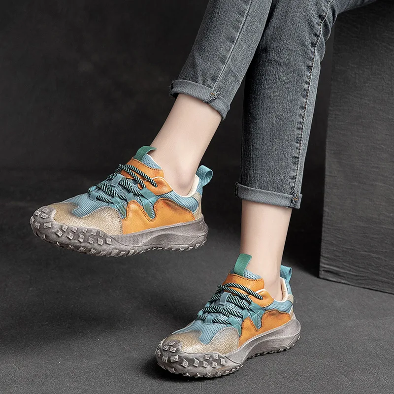 GKTINOO bağcıklı ayakkabı Kadın Ayakkabı Hakiki Deri Karışık Renkler 2022 Yeni El Yapımı Rahat Retro Platformu Sneakers Görüntü 3
