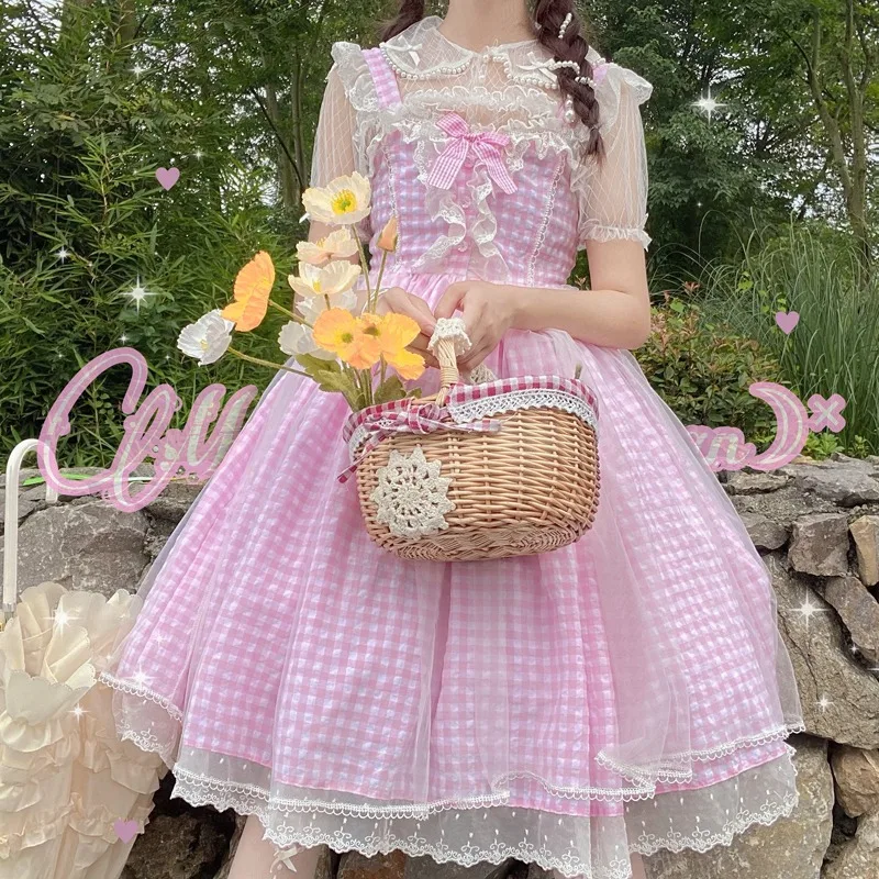 Japon Lolita Elbise Ekose Dantel Kenar Hizmetçi Yumuşak Kız Jsk Askı Vintage Tatlı Gotik Loli Pembe Bebek Bebek Elbise Kadın İçin y2k Görüntü 4
