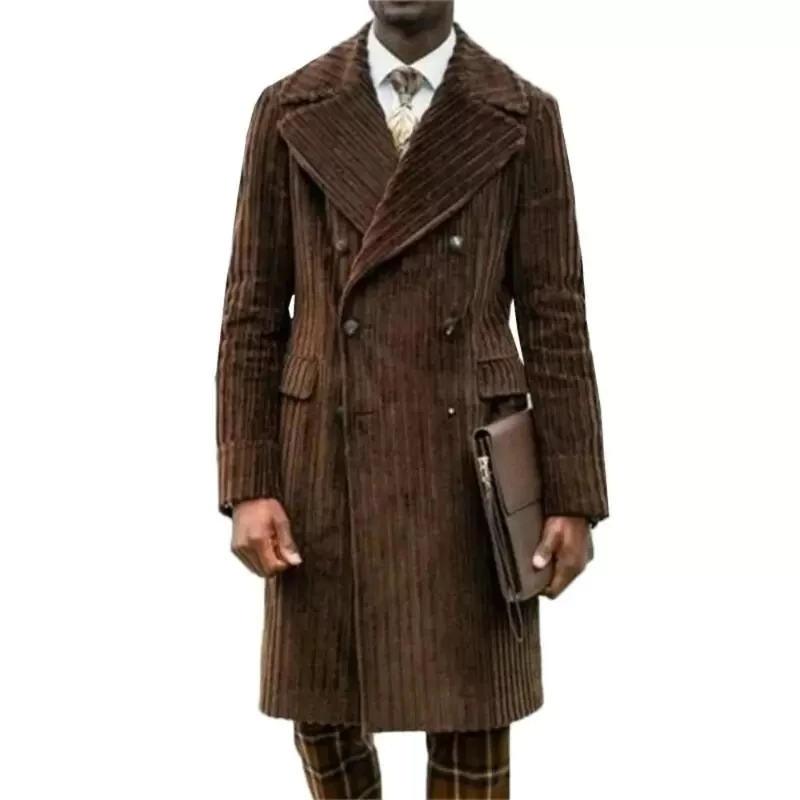 Kadife Kahverengi Erkek Palto Uzun Kış Kalın Ceket Kruvaze Parti Balo Iş Kıyafeti Güz Custom Made Görüntü 2