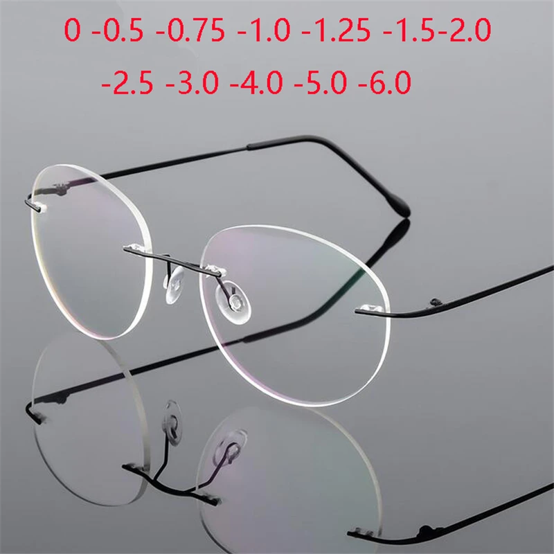 Titanyum Alaşımlı Çerçevesiz Yuvarlak Miyopi Gözlük Bitmiş Kadın Erkek Ultra hafif Çerçevesiz Reçete Gözlük 0 -0.5 -0.75 To -6.0 Görüntü 0