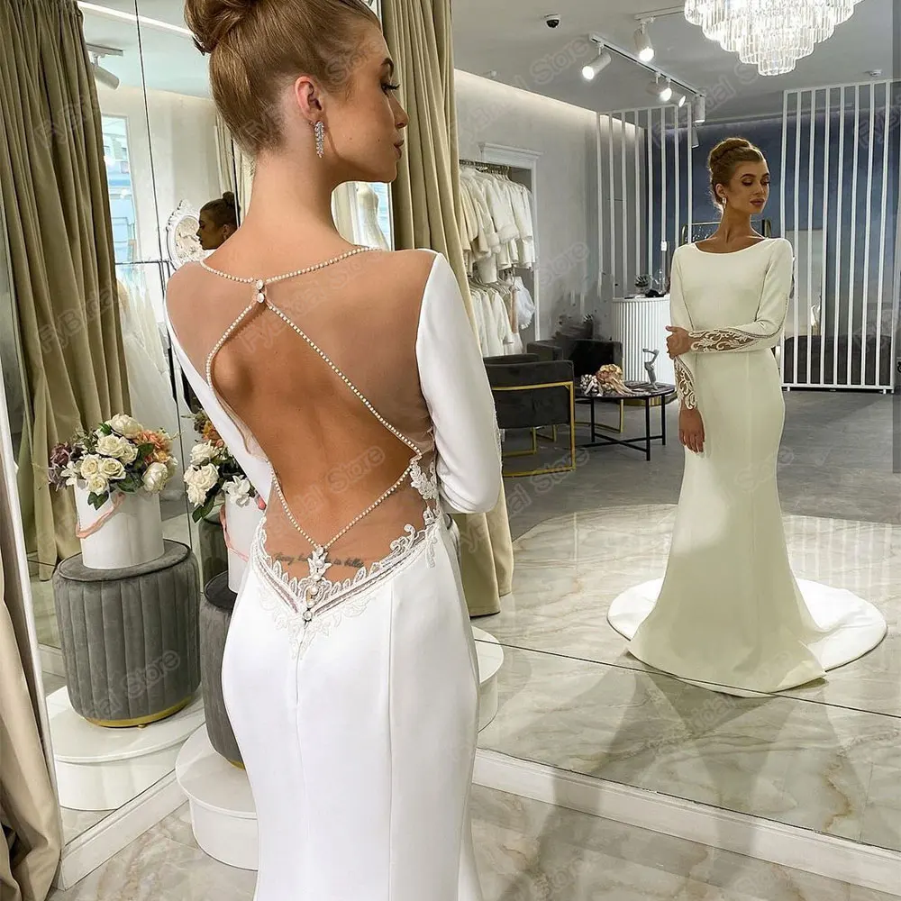 Zarif Mermaid düğün elbisesi O Boyun Uzun Kollu Seksi Cut Out Illusion Geri gelin kıyafeti Boncuk Dantel Aplikler Custom Made 2021 Görüntü 0