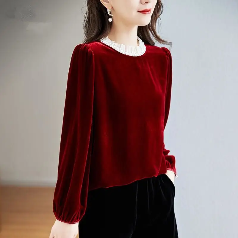 Zarif Şık Fırfır Dantel Patchwork Vintage Kırmızı Siyah Pleuche Bayanlar Casual Gevşek Uzun Kollu Temel T Shirt kadın giyim Görüntü 0
