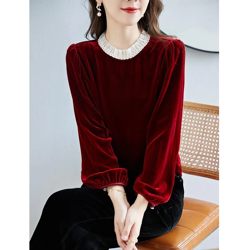Zarif Şık Fırfır Dantel Patchwork Vintage Kırmızı Siyah Pleuche Bayanlar Casual Gevşek Uzun Kollu Temel T Shirt kadın giyim Görüntü 2
