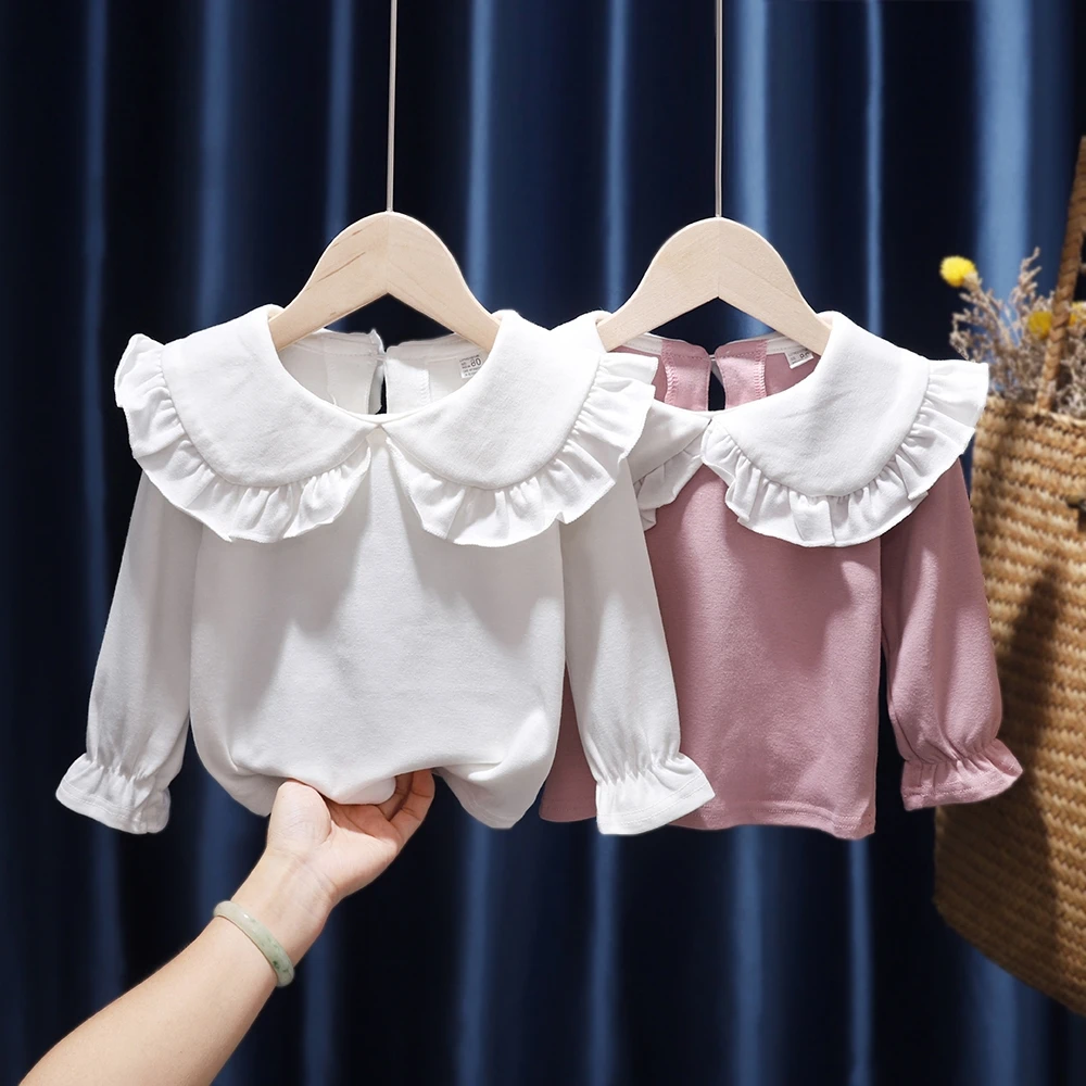 Çocuk T - shirt Kız Elbise Prenses Uzun Kollu Bebek Gömlek Dantel Bebek Yaka Çocuk Giyim Moda 2021 İlkbahar Sonbahar Görüntü 2